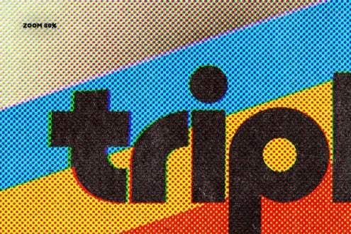 Retro halftone dot pattern background with neon color gradient, black textured shapes overlaid