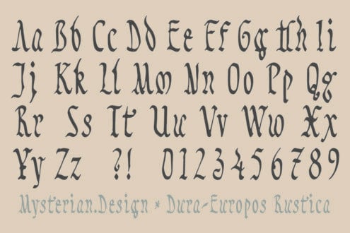 Mysterian Design Dura Europos Rustica font showing full character set with letters, numbers, punctuation