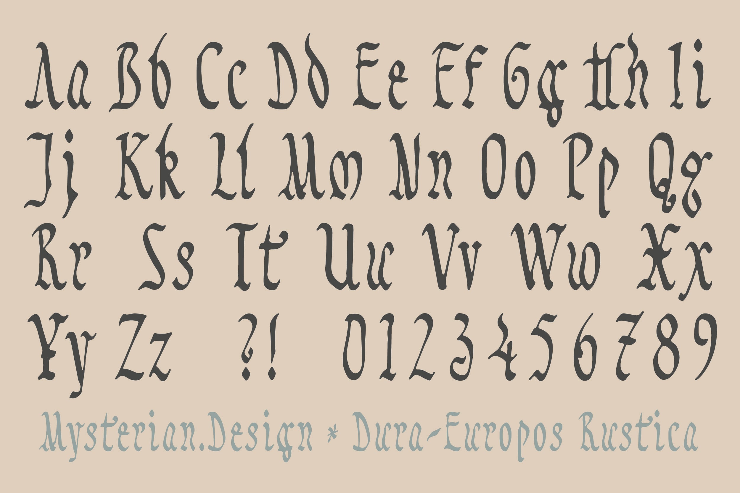 Mysterian Design Dura Europos Rustica font showing full character set with letters, numbers, punctuation