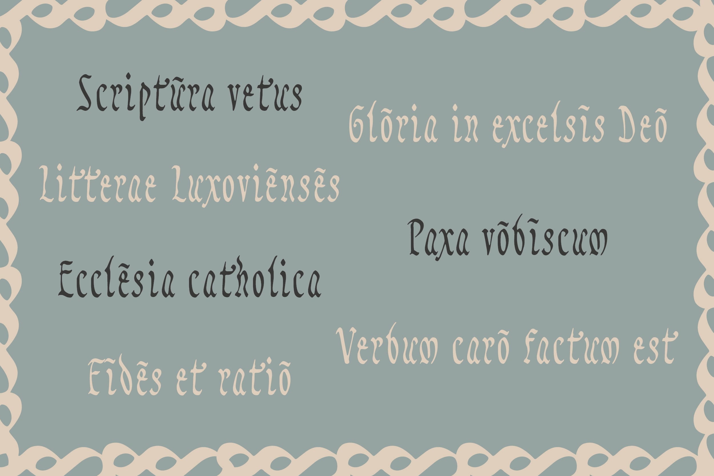 Sage green background with cream decorative wavy border, scattered Latin text in mixed serif fonts