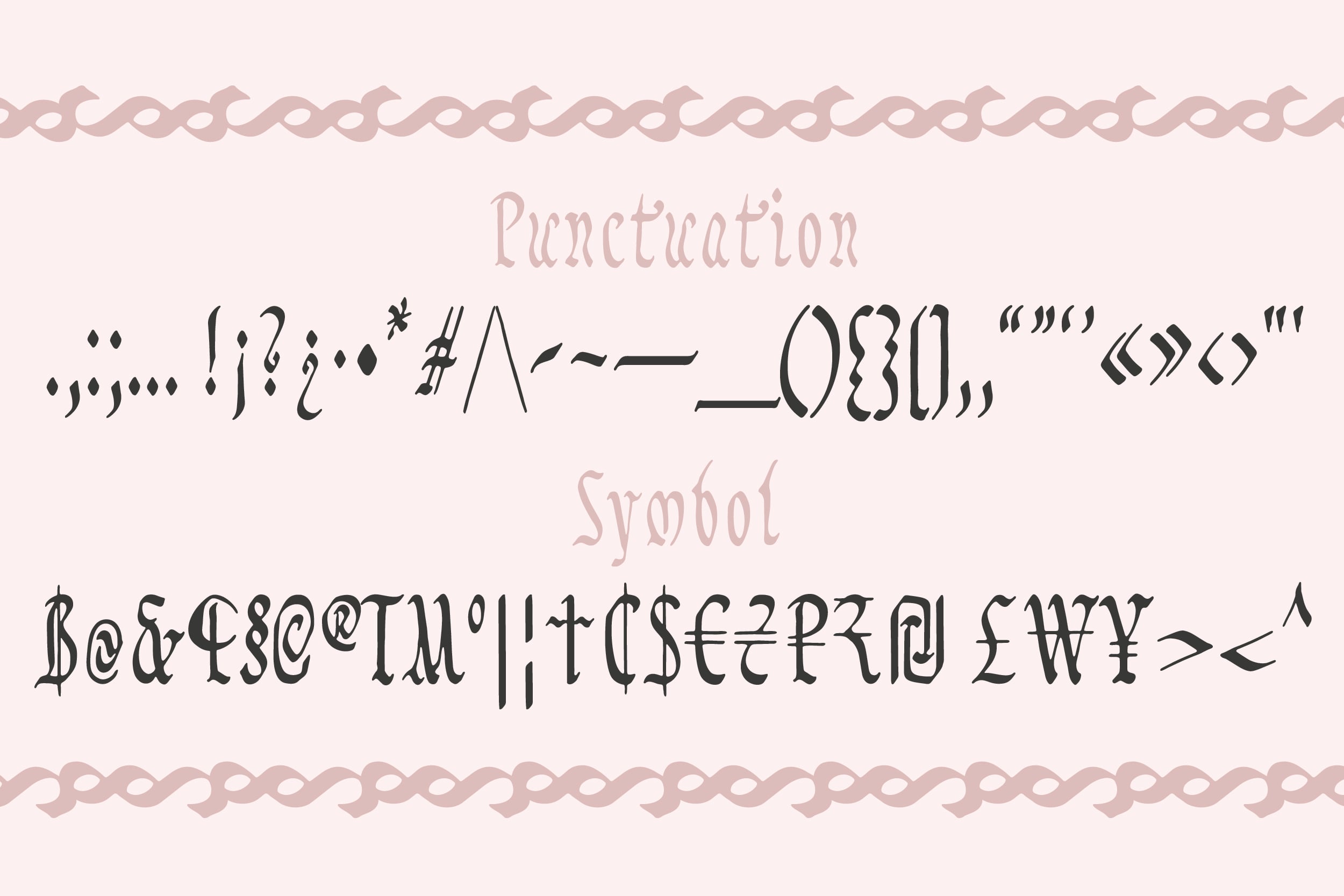 Decorative font showing punctuation marks, symbols, currency signs in stylized black lettering on soft pink background