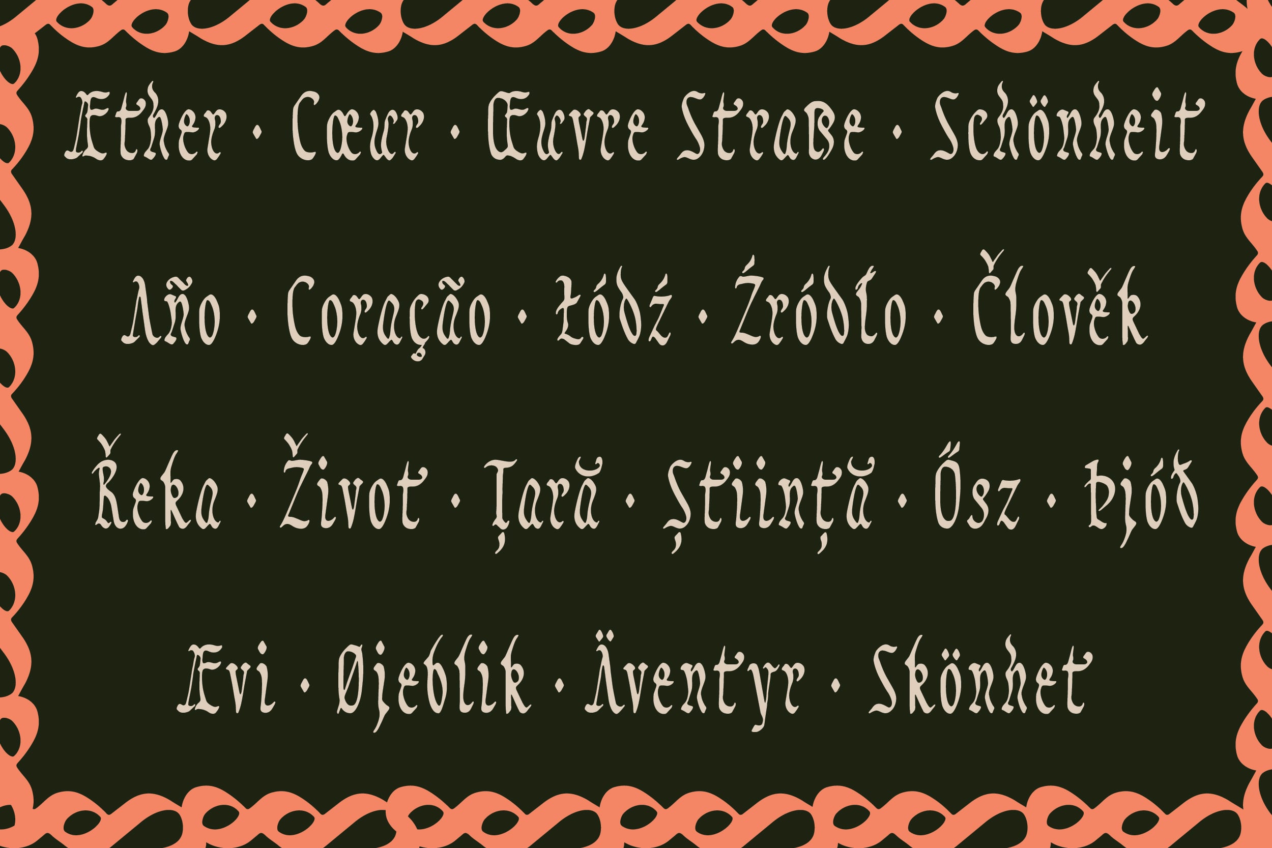 Vintage serif font with multilingual character support shown on dark green background with coral wavy border
