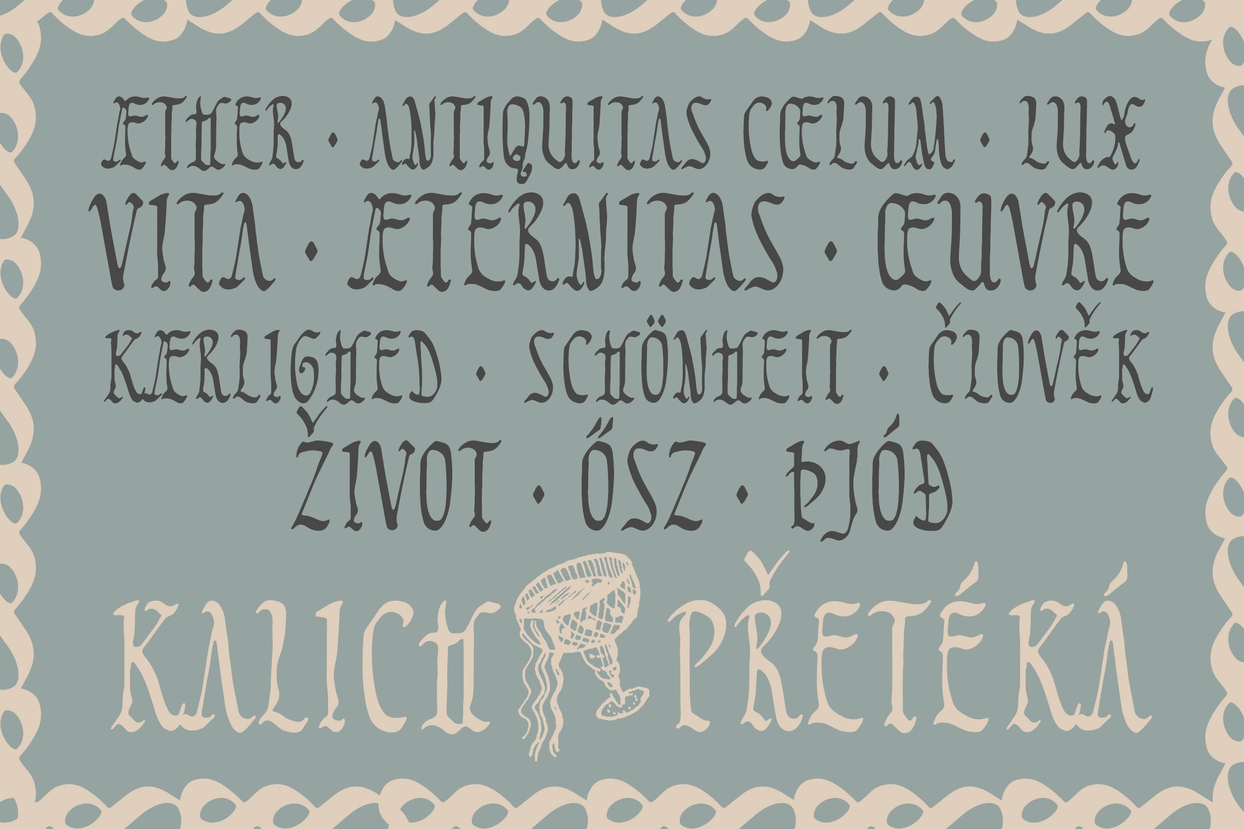 Vintage serif font with multilingual characters, Latin phrases, decorative jellyfish illustration, scalloped border pattern on sage green background