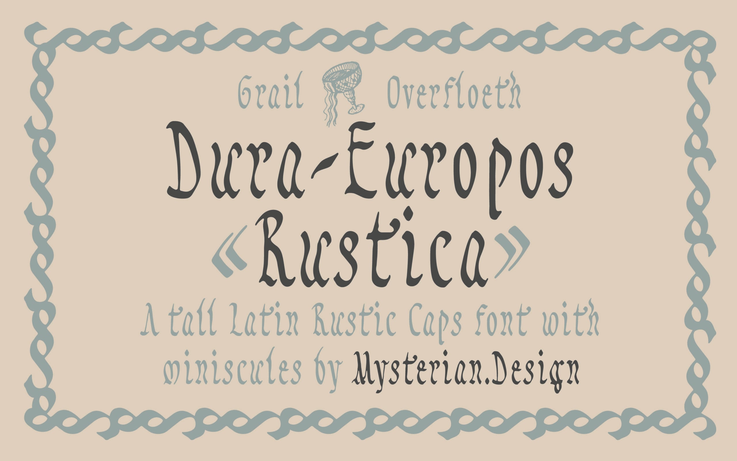 Dura Europos Rustica font with nautical doodles on cream background, tall caps serif typeface