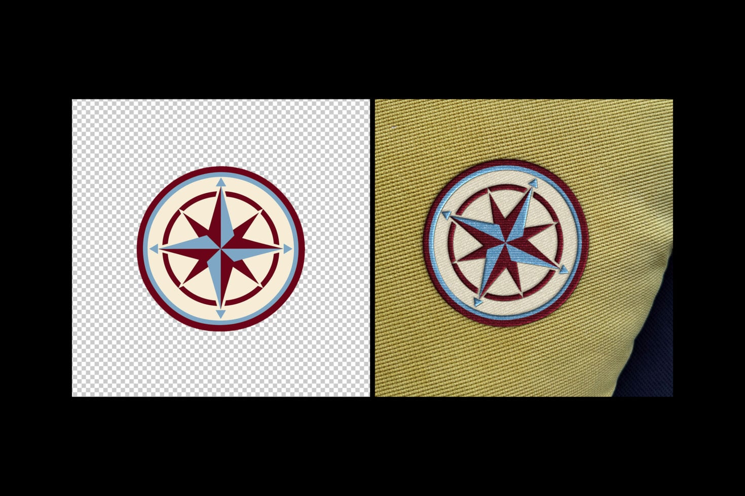 Compass rose badge mockup shown on transparent background plus fabric texture application