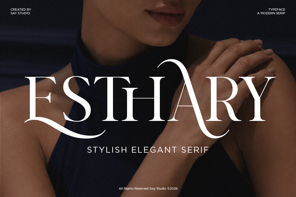 Esthary serif font displayed in white over moody portrait photography with elegant curved letterforms