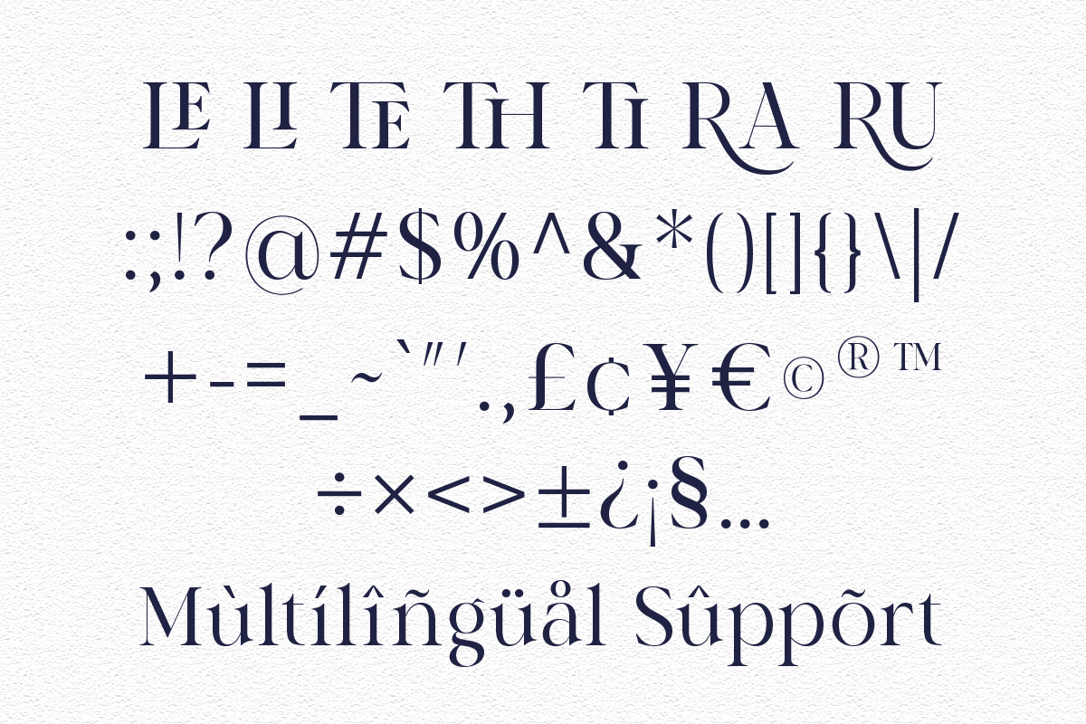 Elegant serif typeface with full character set including multilingual accents, symbols, currencies