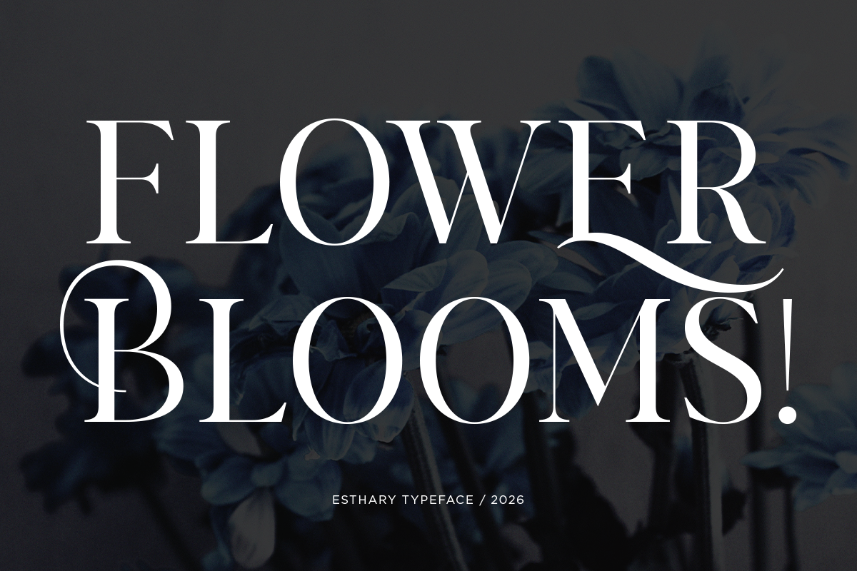 Esthary serif typeface displayed over moody blue floral backdrop with elegant lettering