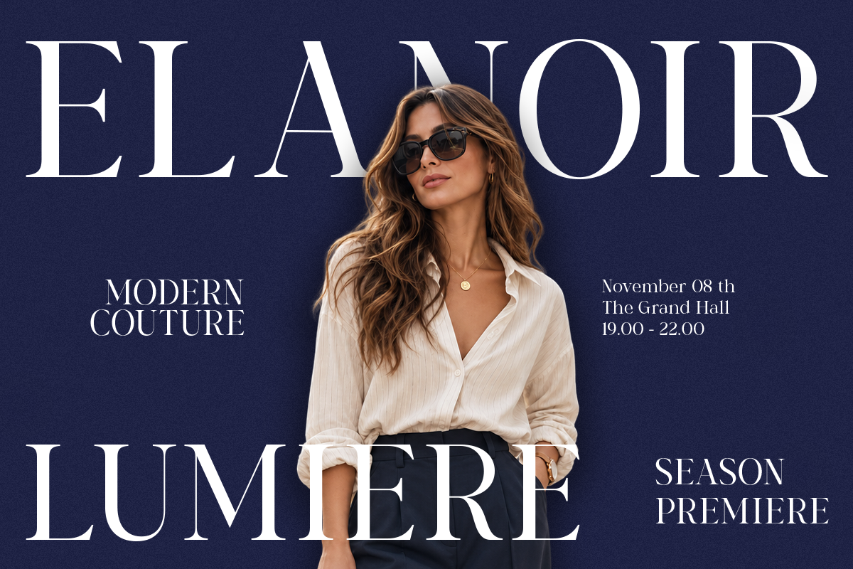 Fashion magazine cover mockup with woman in sunglasses, cream blouse, navy background, event details