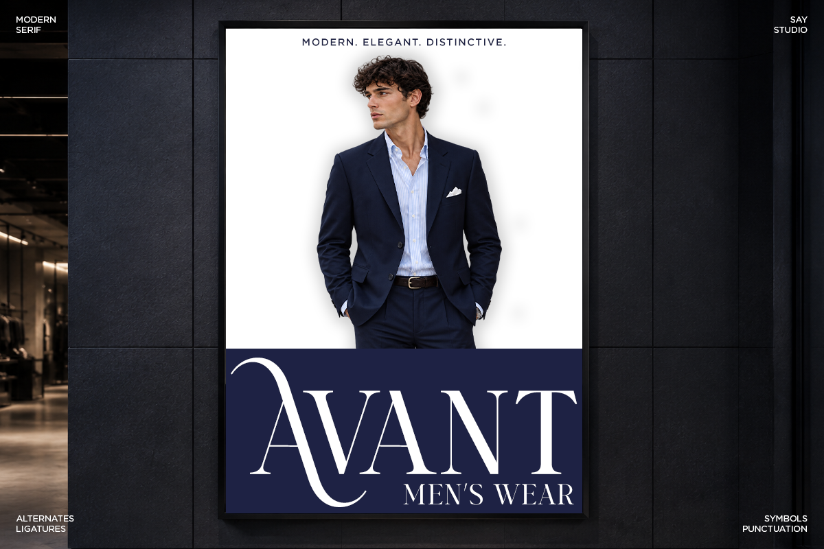 Fashion poster mockup showing man in navy blazer with light blue shirt on white background, dark blue banner below with elegant serif typography