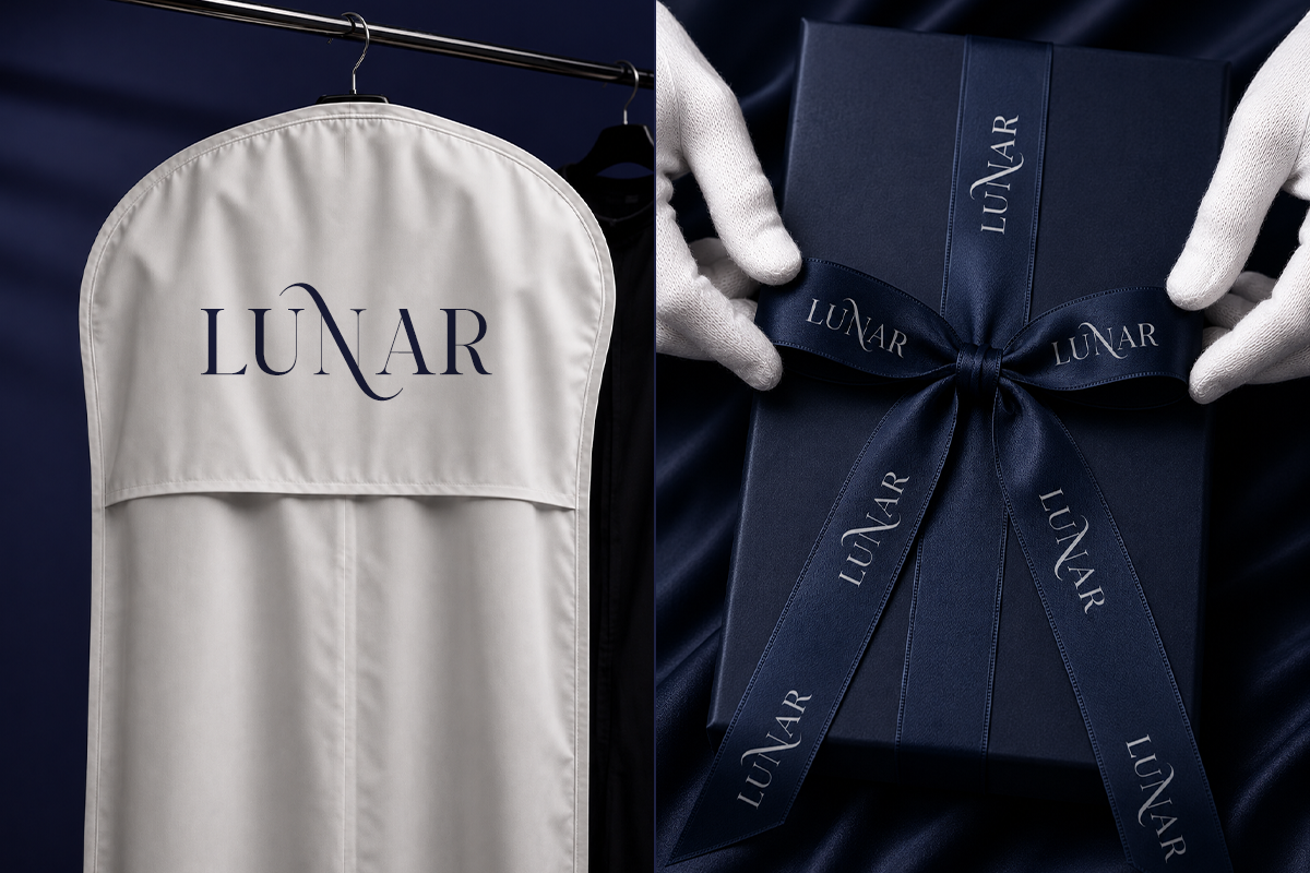 Luxury brand packaging mockup showing cream garment bag with logo on hanger plus navy gift box with ribbon