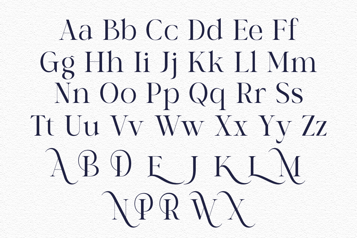 Elegant serif font showing full alphabet in regular plus decorative swash letter variations on cream background