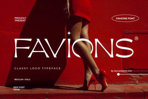 Favions font showcase with bold white typography over moody red backdrop, legs in heels