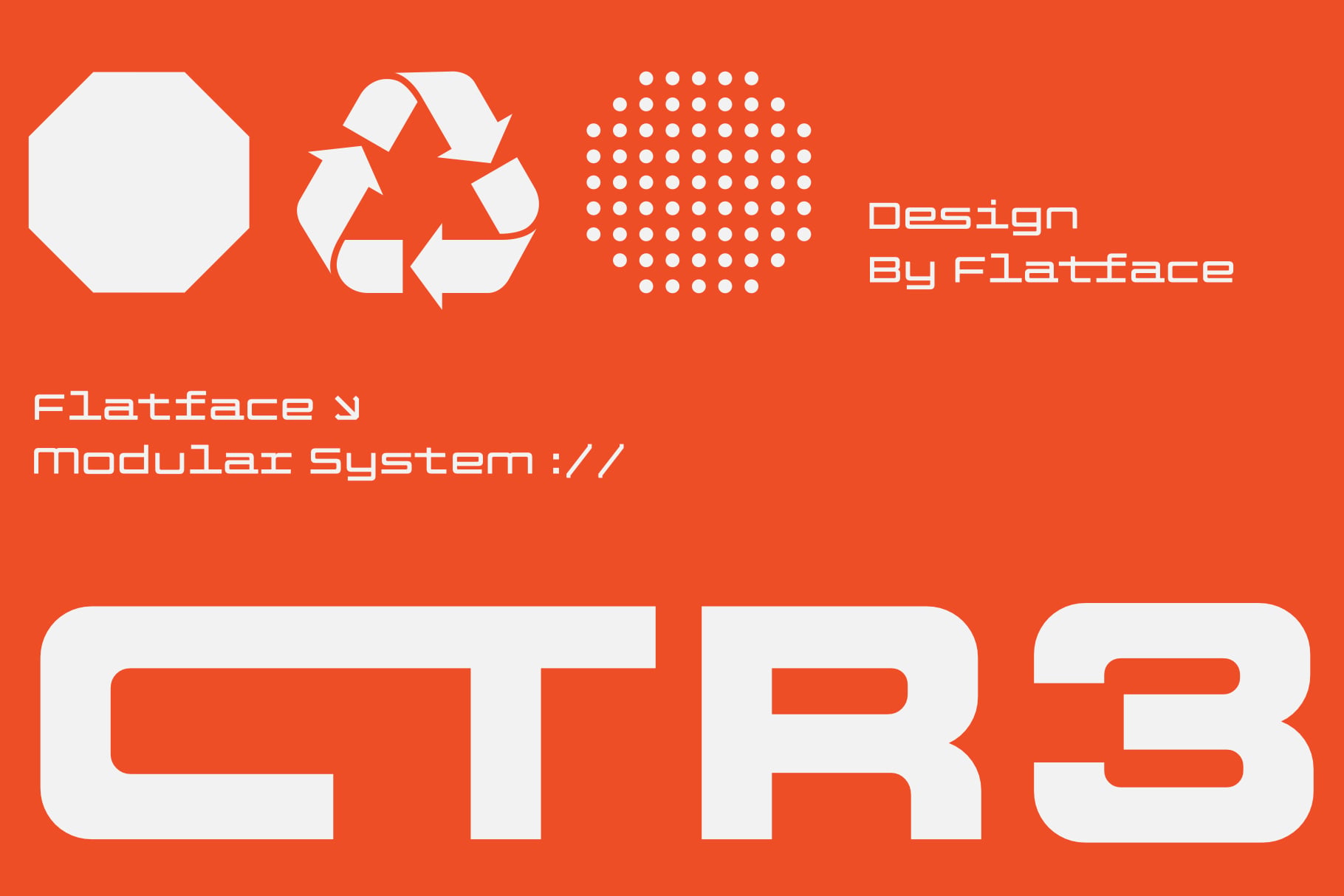 Flatface modular design system with geometric shapes, recycling symbol, dot pattern on burnt orange background
