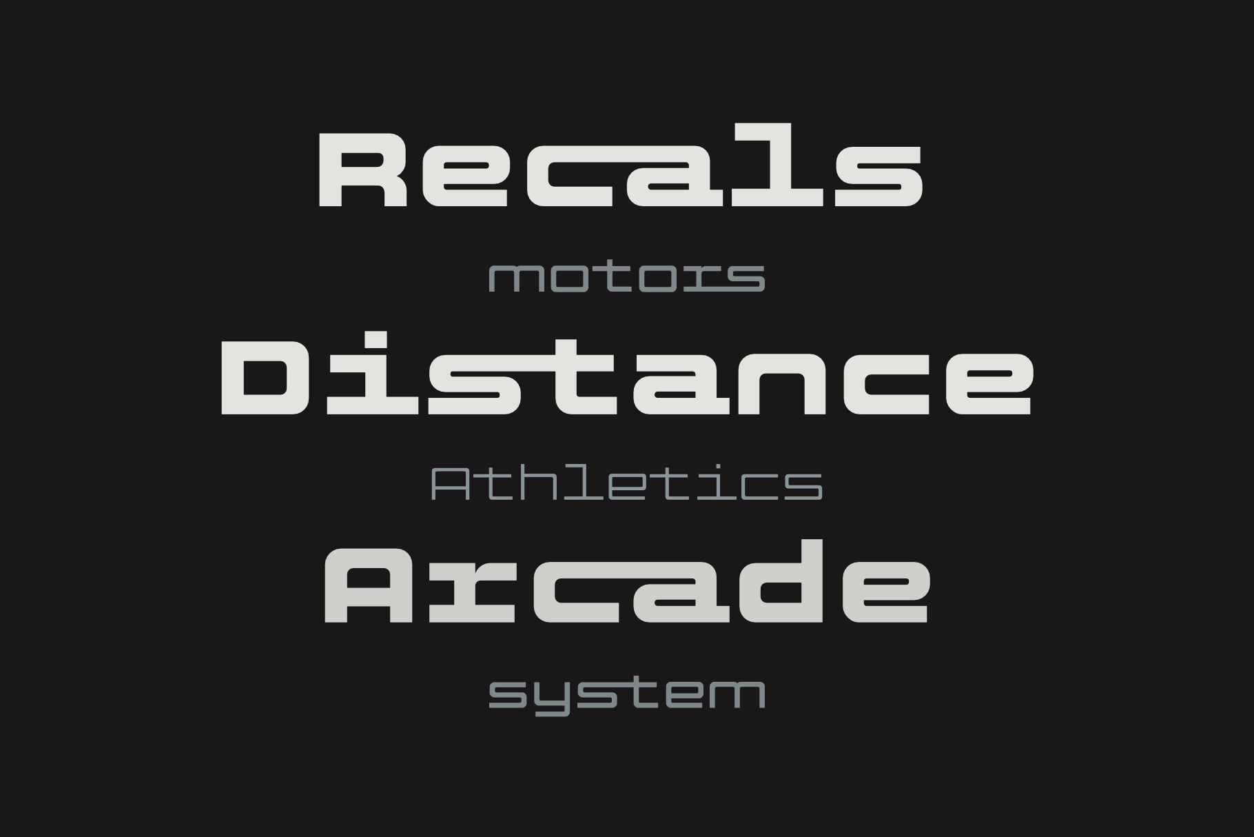 Recalls font family displaying Motors, Distance, Athletics, Arcade, System in geometric sans serif on black background