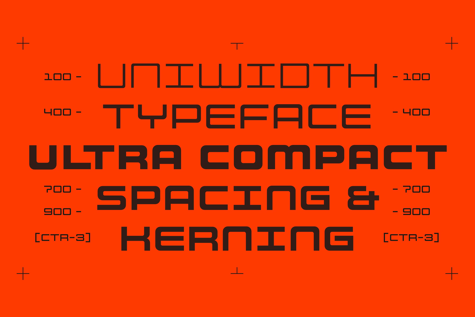 Unidwidth typeface sample showing ultra compact spacing with kerning details on bright orange