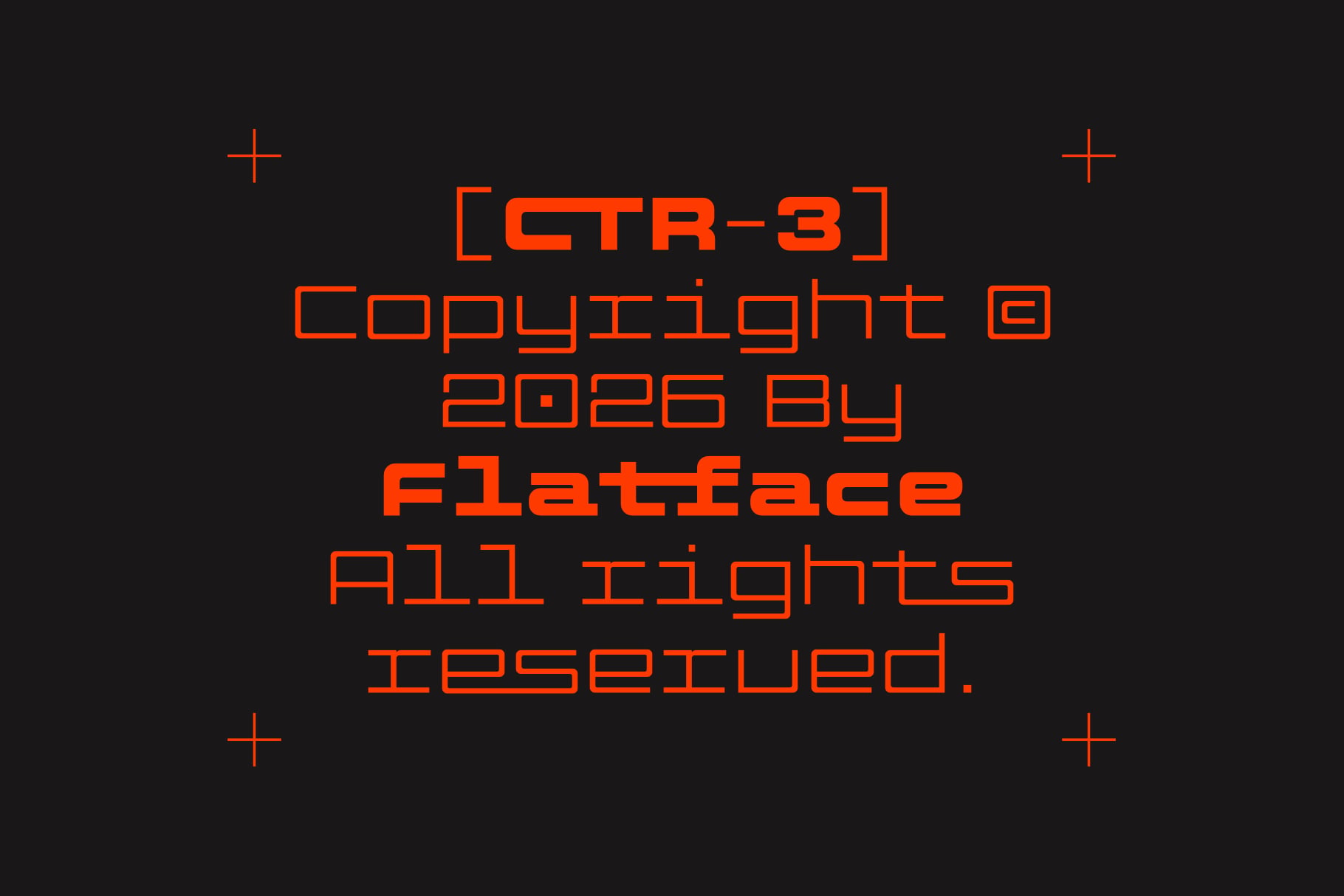 Bright orange retro tech text on black background with corner crosshairs