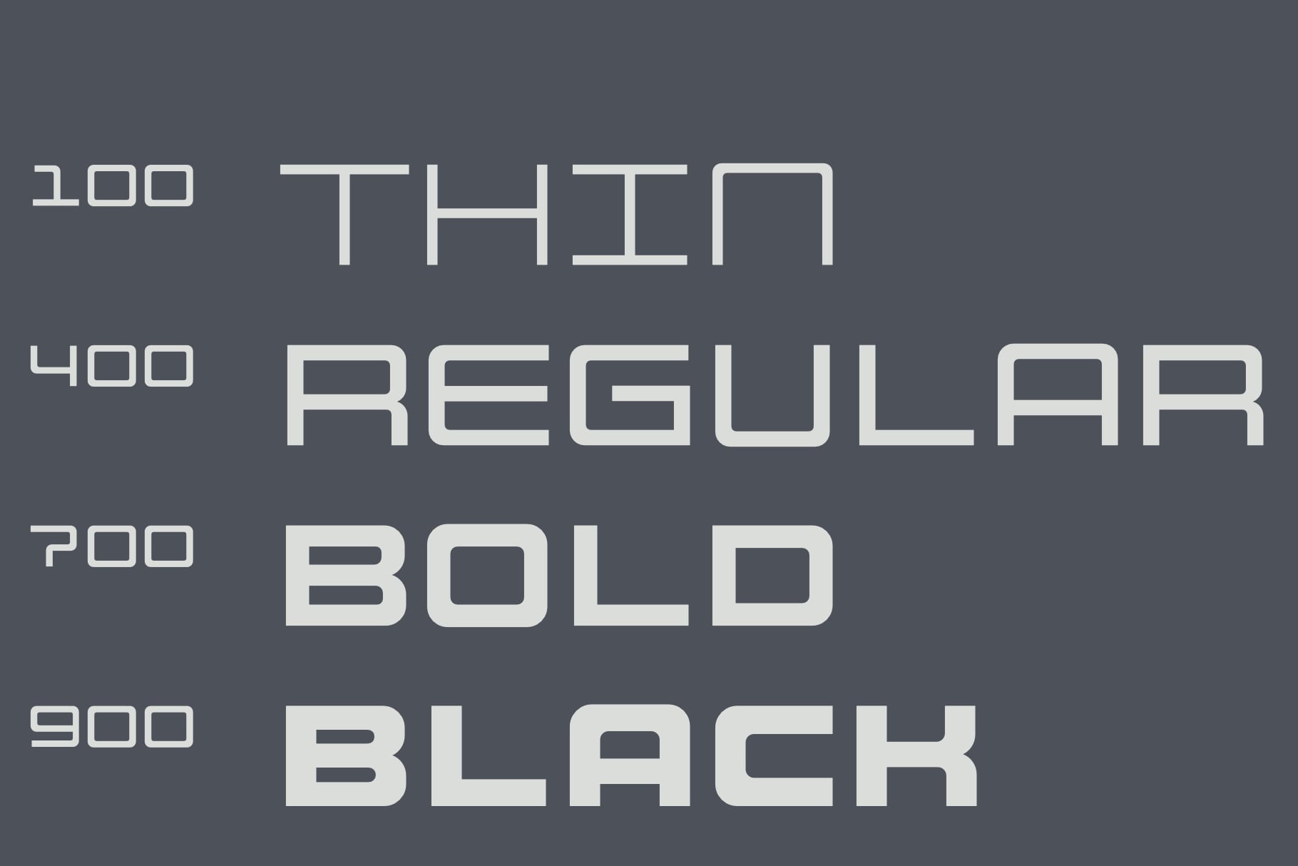 Font weight comparison chart showing thin, regular, bold, black in clean geometric typeface