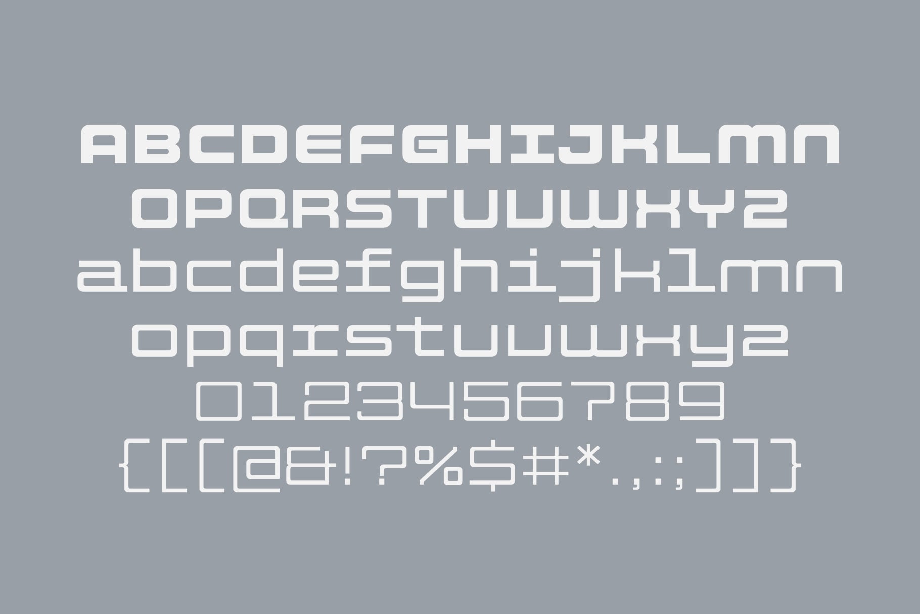 Geometric sans serif font with uppercase, lowercase, numbers, plus special characters on gray background