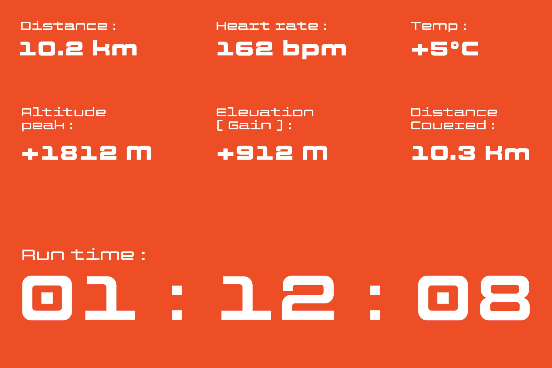 Fitness tracker stats display showing distance, heart rate, temp, altitude, elevation gain, covered distance, run time on burnt orange background