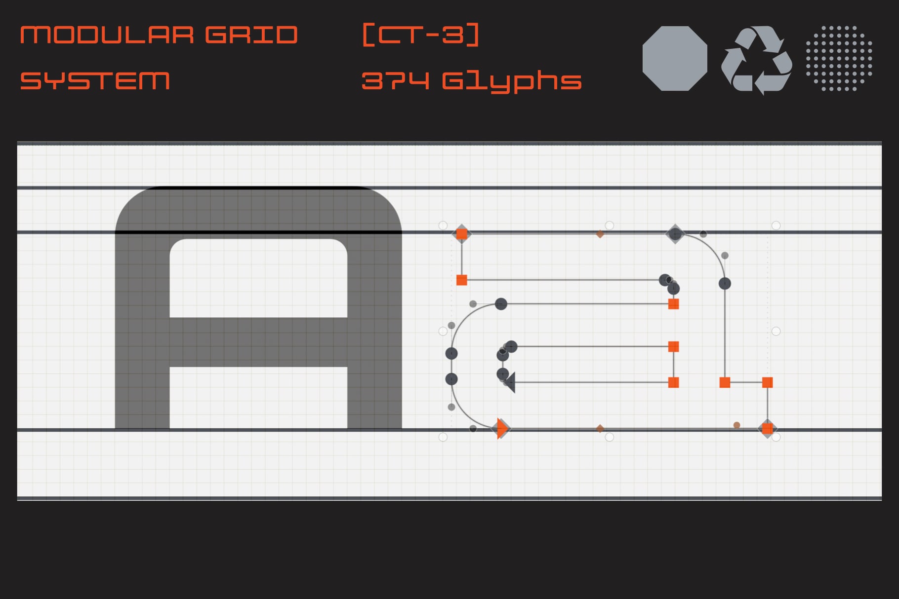 Modular grid system diagram with flow chart connections, orange accent nodes on technical blueprint layout