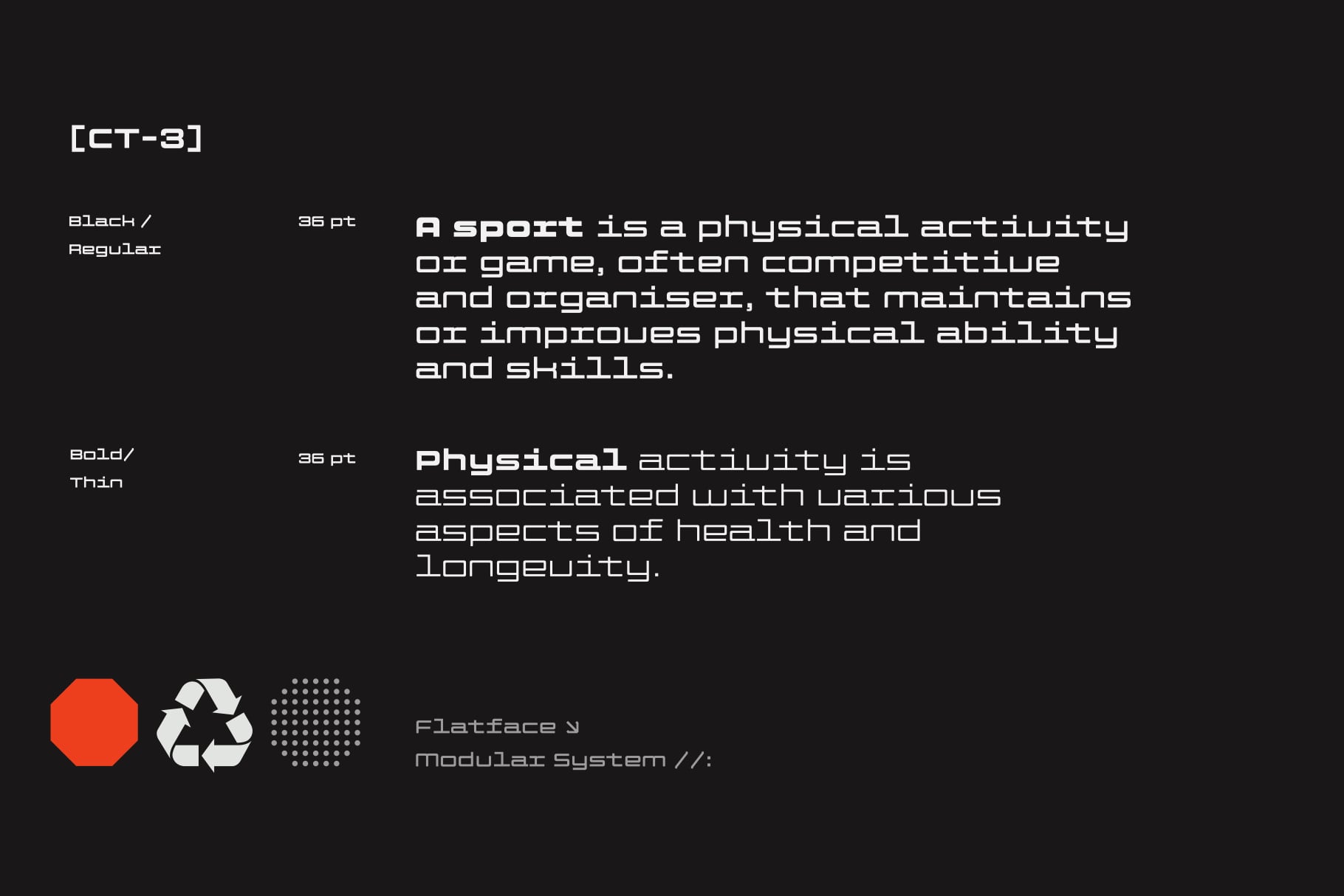 Geometric font specimen with tech-forward layout on dark background