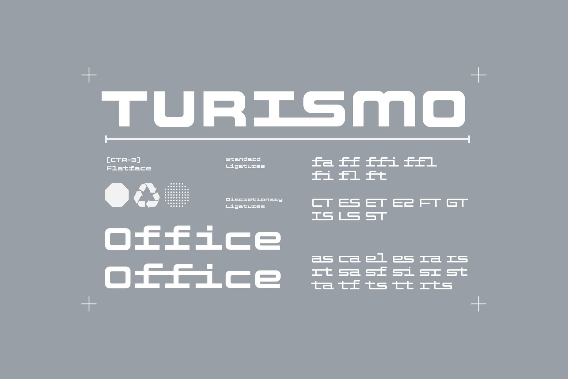 Turismo font family specimen showing geometric sans serif typeface with multiple weights, ligatures, symbols on gray background