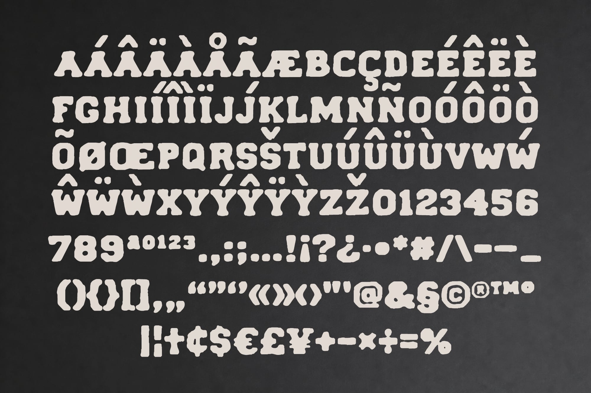 Chunky geometric typeface with accented letters, numbers, symbols on dark background