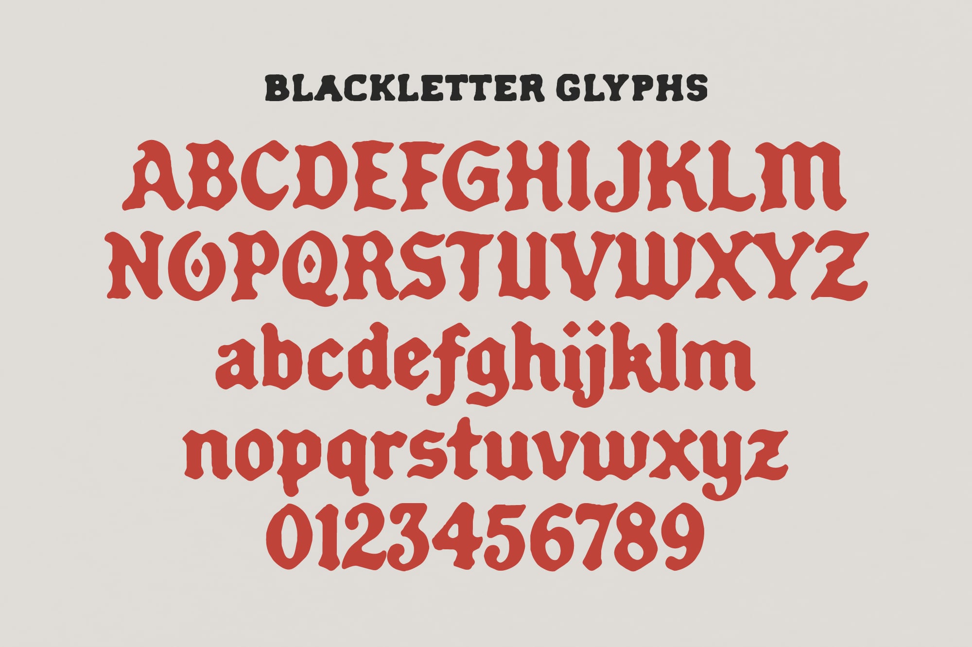 Blackletter Glyphs typeface showing full alphabet in red with uppercase, lowercase, numbers on gray background