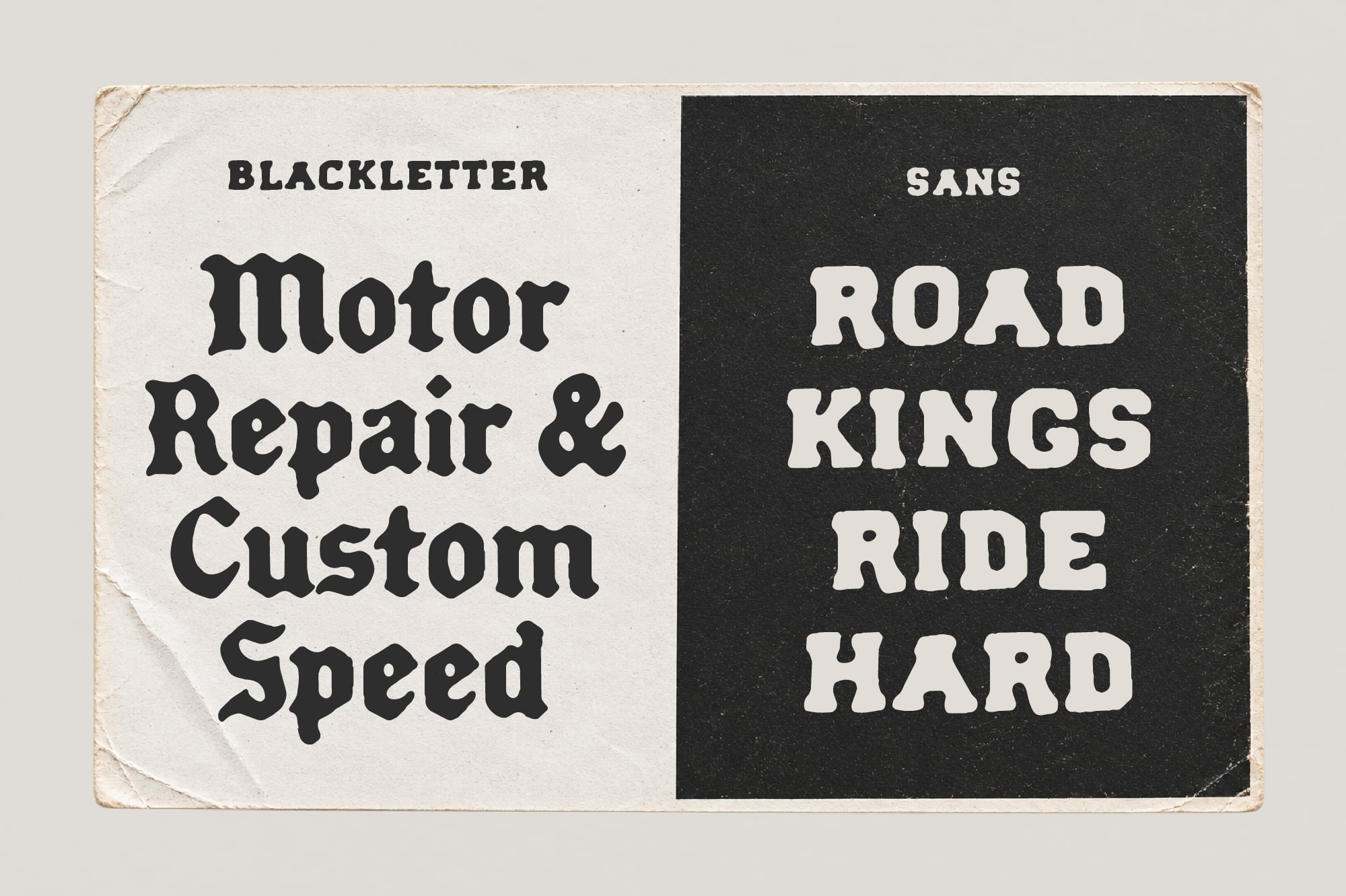 Vintage split-panel sign showing blackletter motor repair text on cream left side, sans serif road kings ride hard on black right side