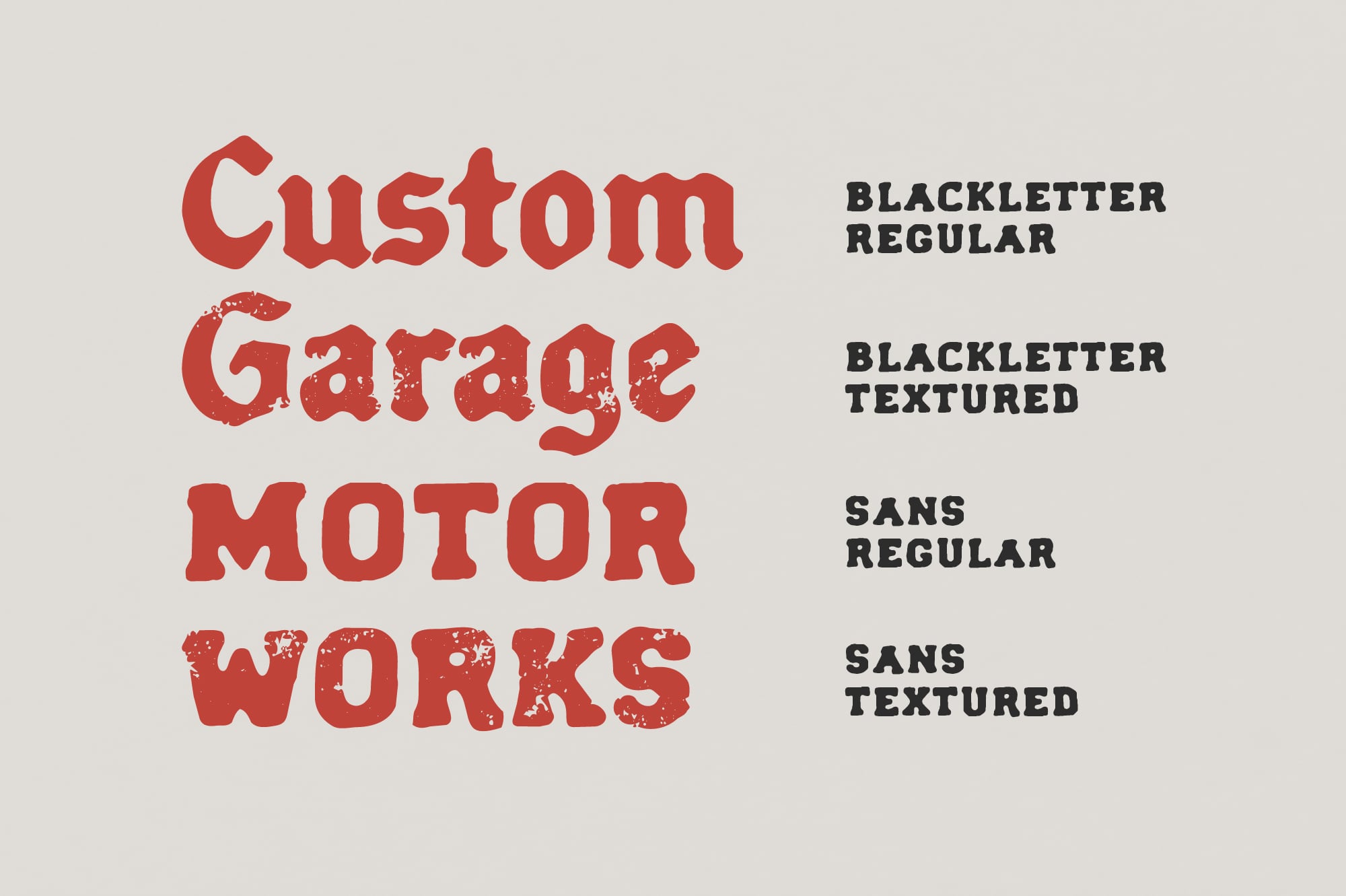 Font pairing display showing Blackletter with Sans serif in clean plus textured weights