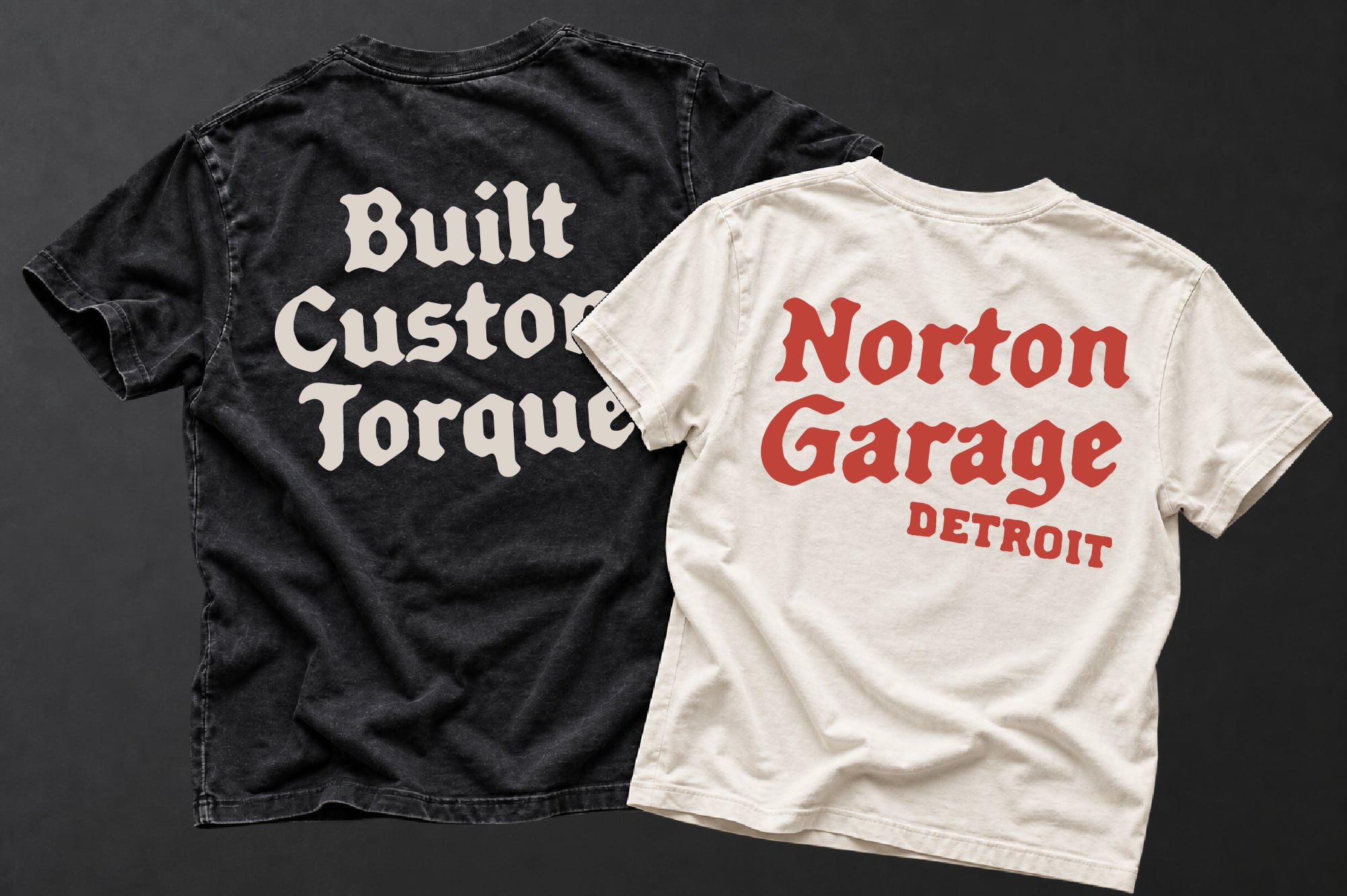 Two vintage tee mockups showing back print designs in cream with red text plus black with white text