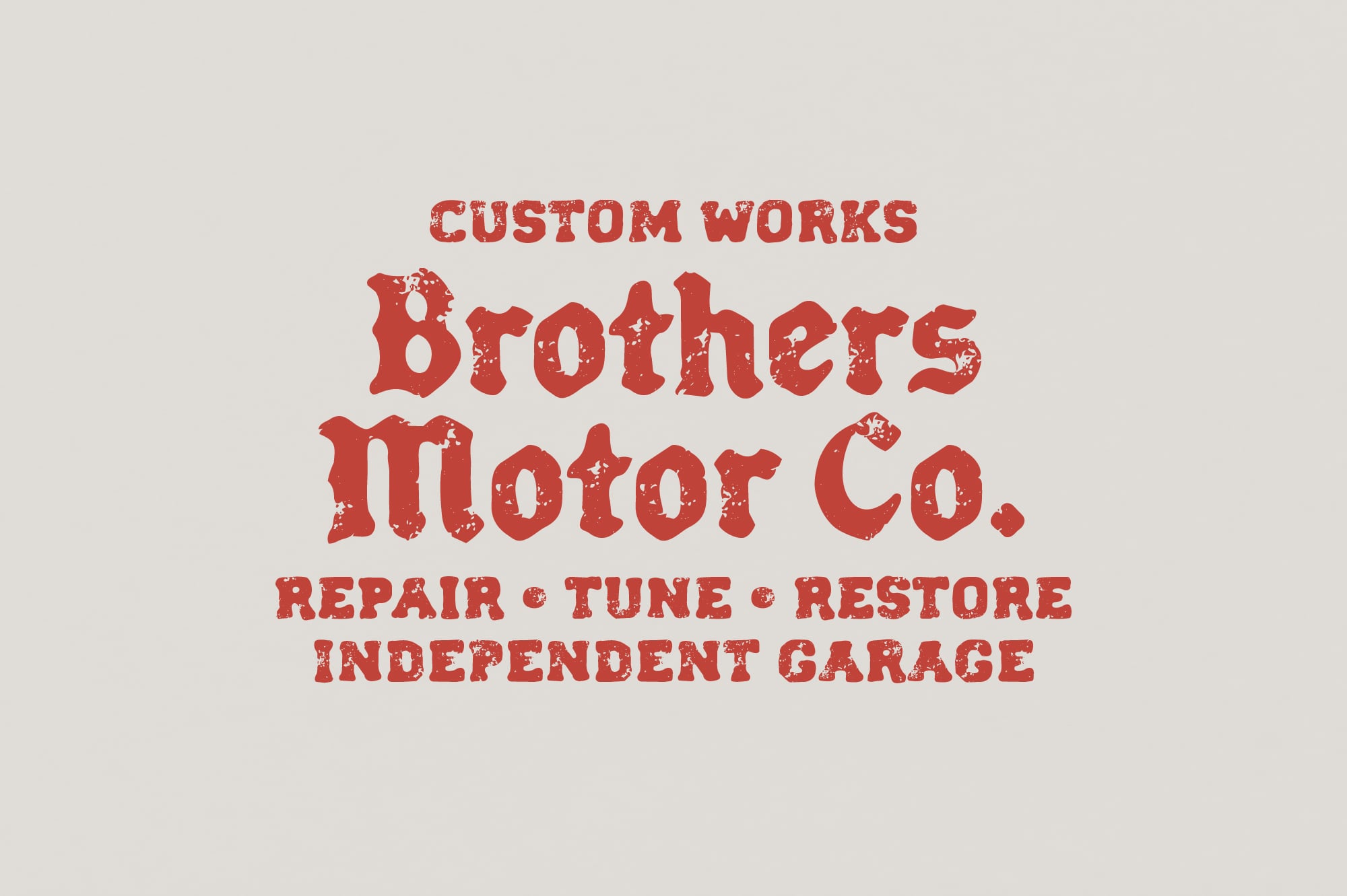 Vintage red distressed typography for Brothers Motor Co garage sign on beige background