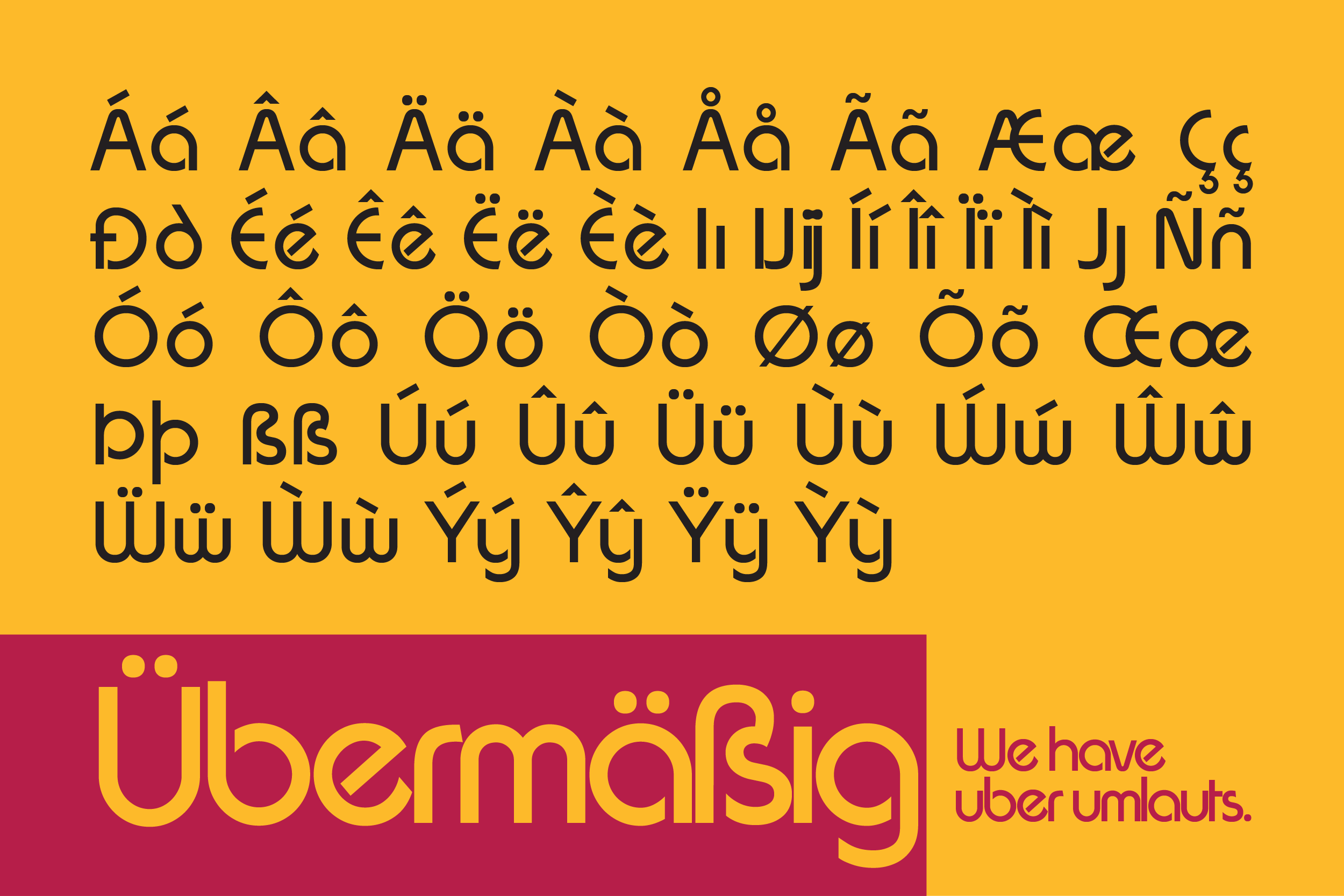 Ubermalsig font display showing full character set with accented letters on bright yellow background