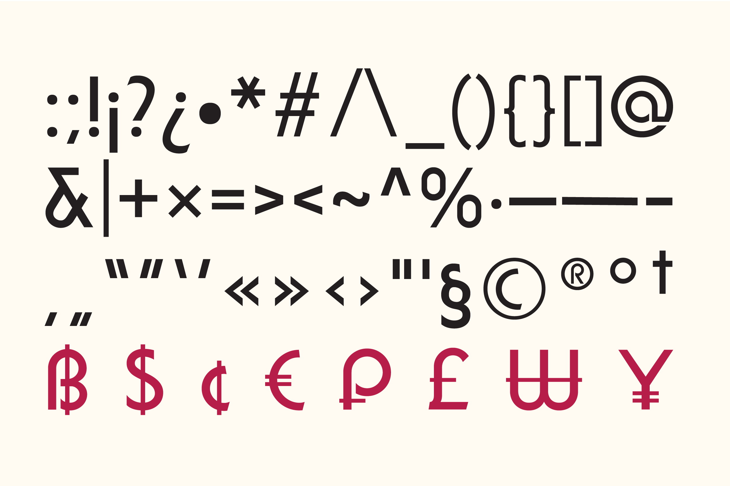 Font displaying punctuation marks, symbols, mathematical operators, copyright notices, plus international currency symbols in burgundy