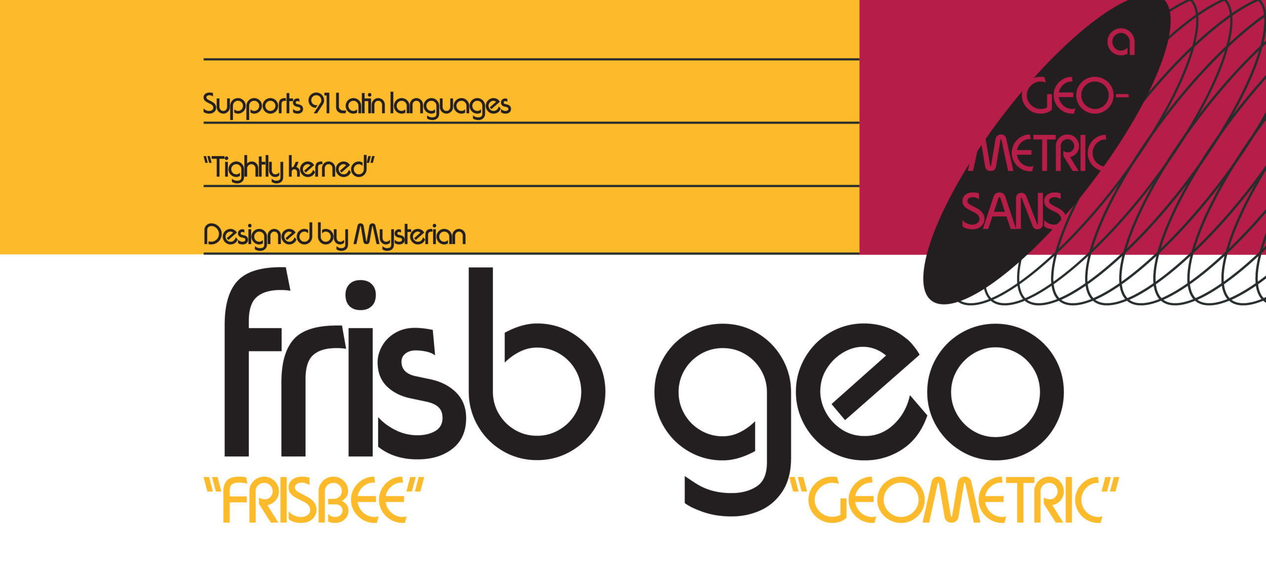 Frisbee Geo font family with geometric sans serif styles in black, yellow, magenta