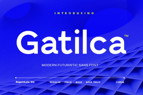 Gatilca modern sans serif font in white on vibrant blue layered background with weight options
