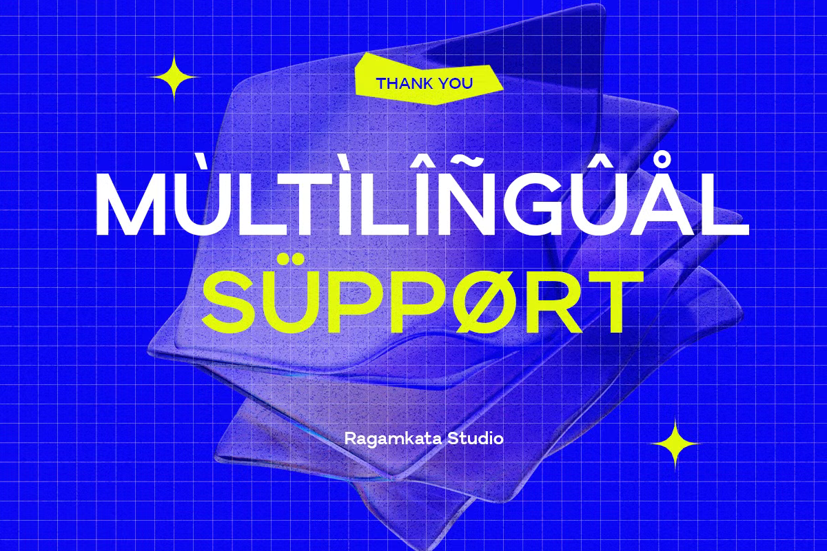 Bright blue grid background with layered translucent shapes, white multilingual text, yellow accents, small star elements, thank you banner