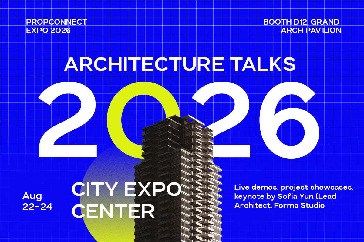 Bright blue poster for architecture talks expo 2026 with modern building, bold typography, neon accents
