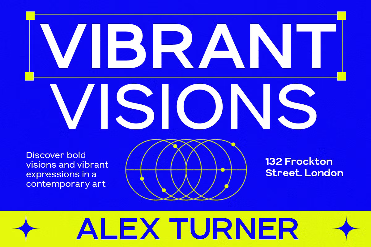 Vibrant blue poster with bold white typography, yellow geometric circles, artist name at bottom