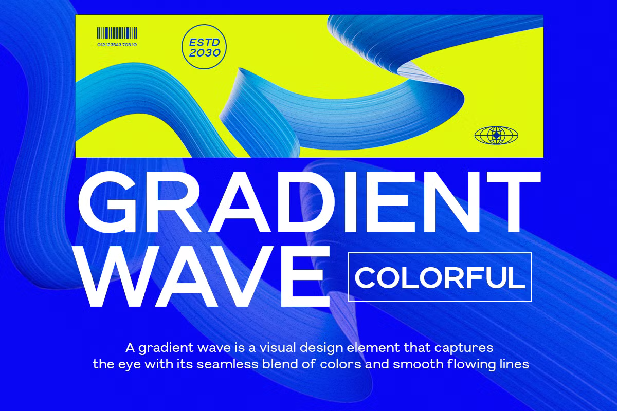 Bright yellow to blue gradient wave mockup with retro branding elements, barcode, circular badge
