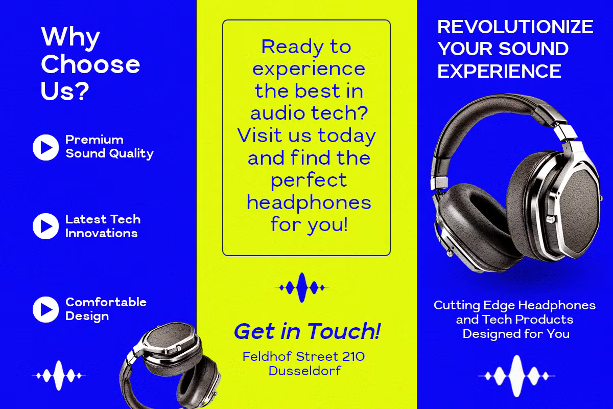 Bright blue, yellow, white headphone marketing mockup with tech product copy