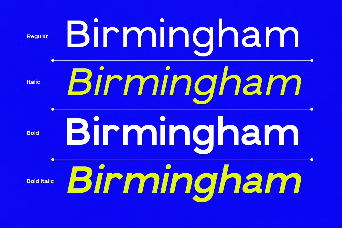 Birmingham font showing regular, italic, bold, bold italic weights on bright blue background
