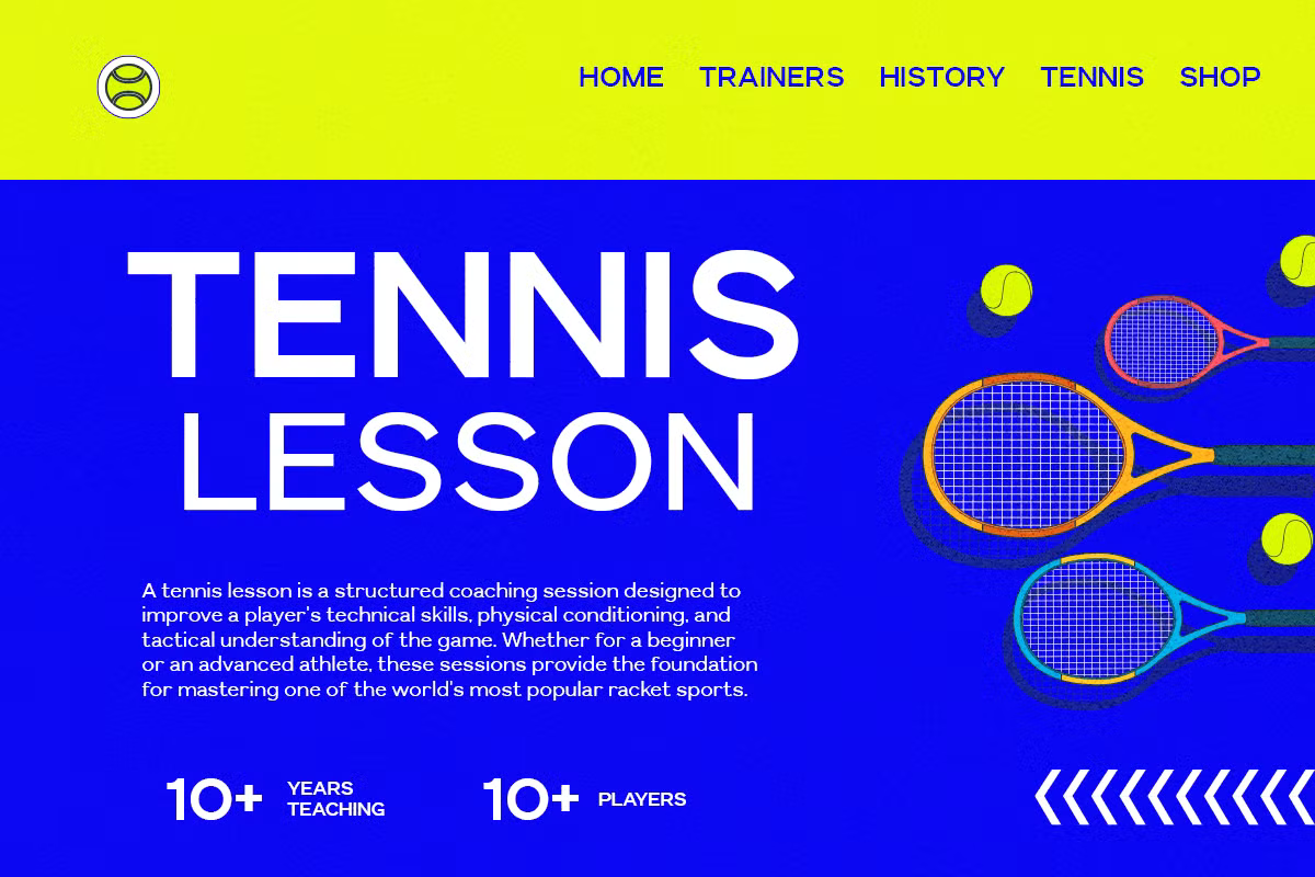 Bright blue landing page mockup with tennis rackets, balls, neon navigation menu