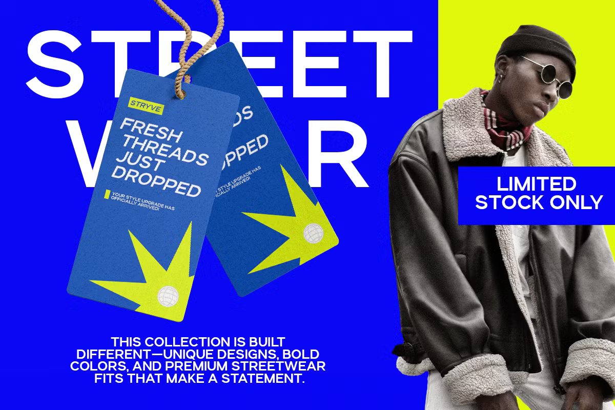 Streetwear campaign mockup with hanging blue tags, bold typography, model in black jacket with round sunglasses on neon split background