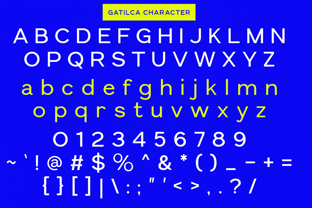 Gatilca sans serif font showing uppercase, lowercase, numbers, plus symbols on bright blue background