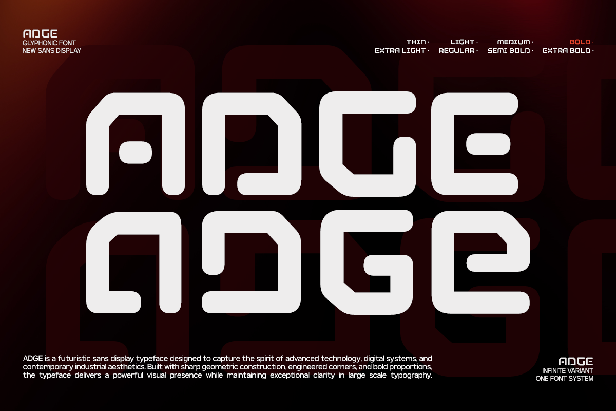 ADGE futuristic sans serif font with multiple weights displayed on dark red background