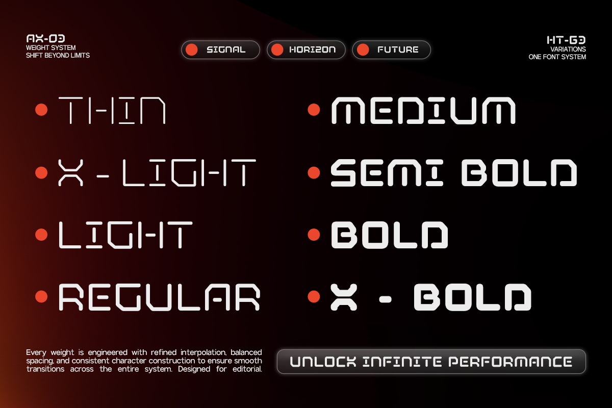 HT-G3 font system showing weight variations from thin to bold with futuristic sci-fi styling
