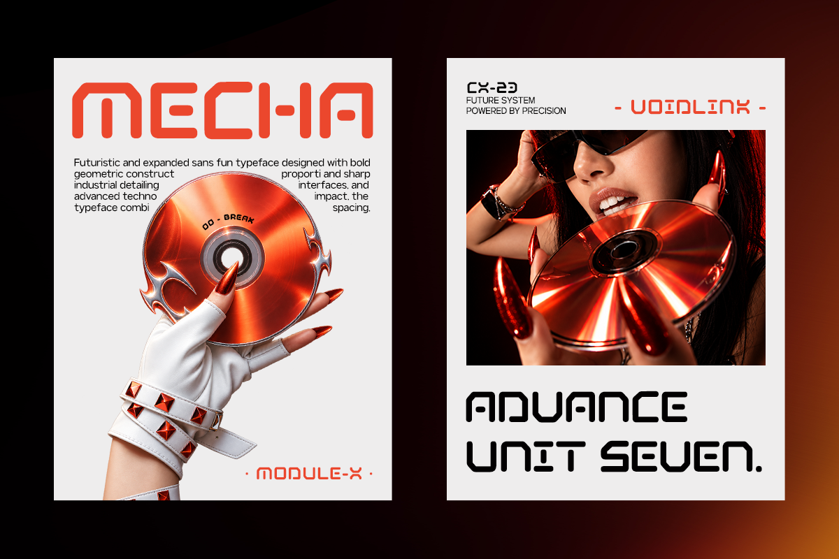 Left poster: Mecha font with bold red geometric letters displayed over shiny red CD held by white gloved hand with studded cuff Right poster: Woman in sunglasses holding reflective red CD disc with futuristic typography layout below