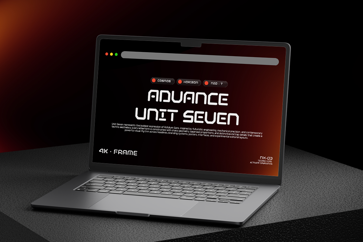 Laptop mockup displaying dark website with bold geometric typography, orange gradient background, tech specs text overlay